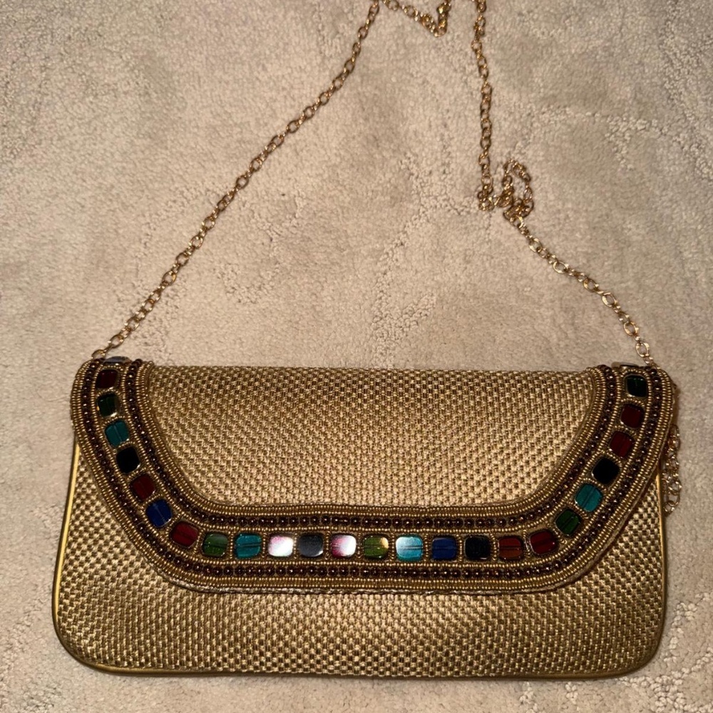 BRAND NEW Jute Clutch handbag with gold chain and multicolor glass beads INDIA